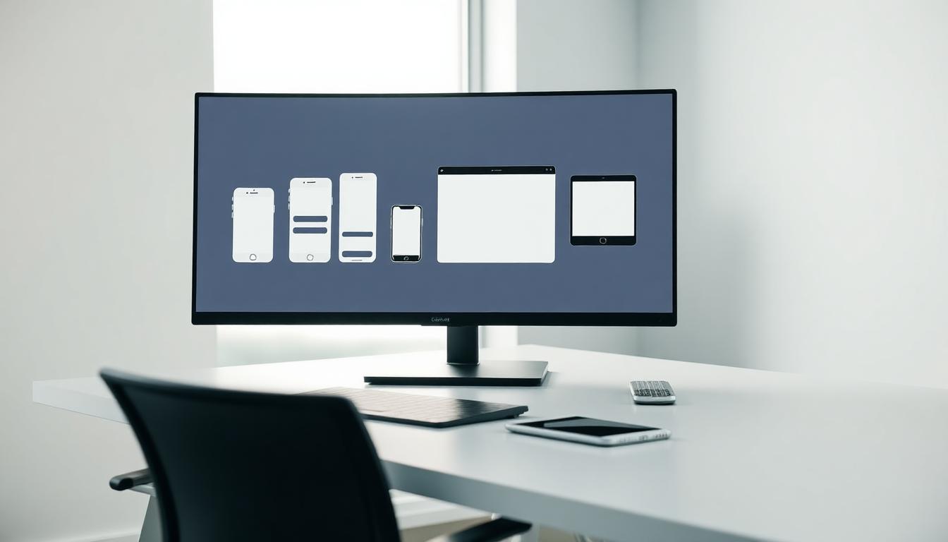 Design review workspace showing multi-device mockups on a monitor